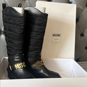 Moschino Black Quilted Boots with Gold Accents
